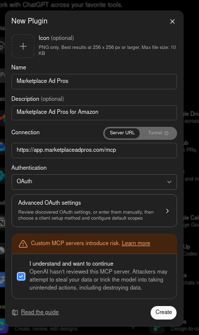 The New Plugin form in ChatGPT filled in with the Marketplace Ad Pros server URL and OAuth authentication
